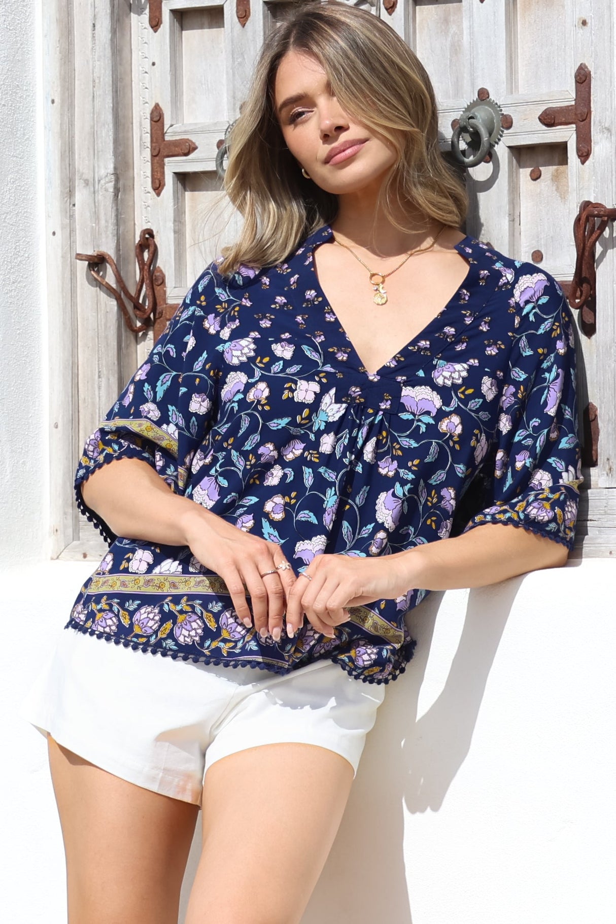 JAASE - Gabriella Top: Mandarin Collar Deep V Neck Crochet Trim Top in Wild Indigo Print