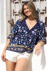 JAASE - Gabriella Top: Mandarin Collar Deep V Neck Crochet Trim Top in Wild Indigo Print
