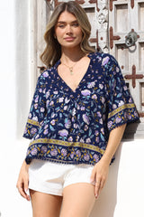 JAASE - Gabriella Top: Mandarin Collar Deep V Neck Crochet Trim Top in Wild Indigo Print