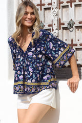 JAASE - Gabriella Top: Mandarin Collar Deep V Neck Crochet Trim Top in Wild Indigo Print