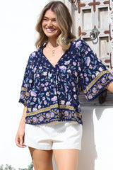 JAASE - Gabriella Top: Mandarin Collar Deep V Neck Crochet Trim Top in Wild Indigo Print