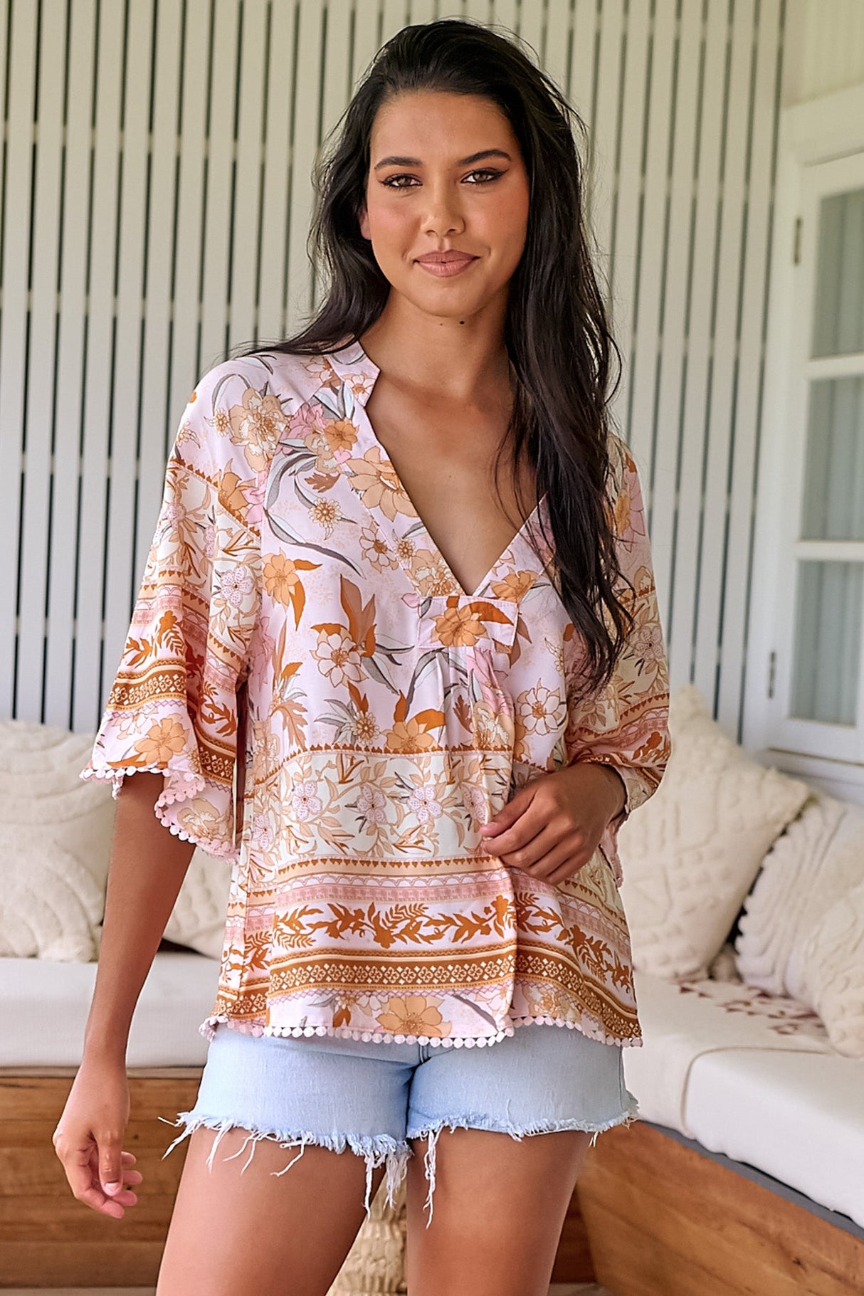 JAASE - Gabriella Top: Mandarin Collar Deep V Neck Crochet Trim Top in Peach Dahlia Print