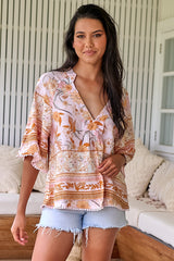 JAASE - Gabriella Top: Mandarin Collar Deep V Neck Crochet Trim Top in Peach Dahlia Print