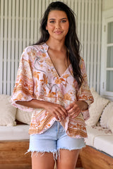 JAASE - Gabriella Top: Mandarin Collar Deep V Neck Crochet Trim Top in Peach Dahlia Print