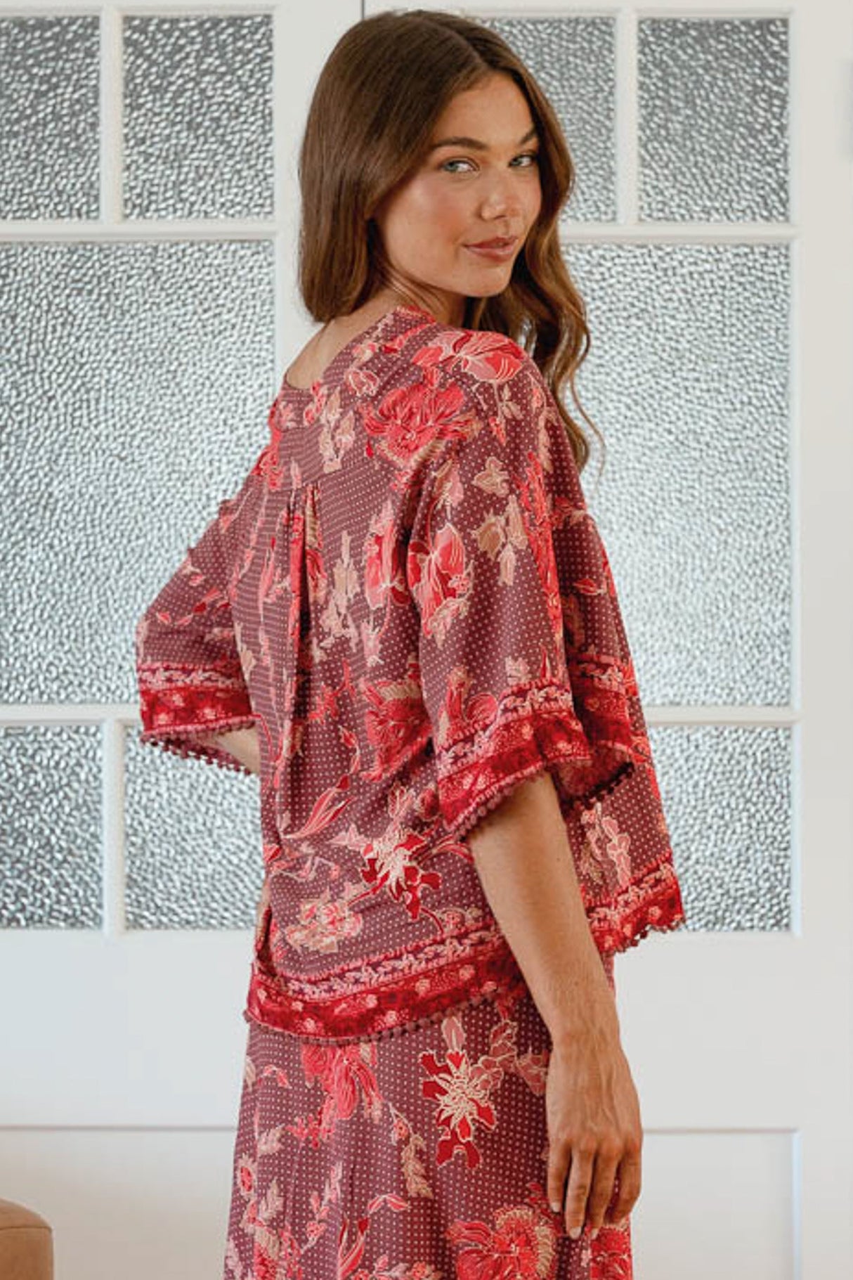 JAASE - Gabriella Top: Mandarin Collar Deep V Neck Crochet Trim Top in Ziggy Print