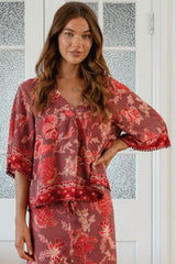 JAASE - Gabriella Top: Mandarin Collar Deep V Neck Crochet Trim Top in Ziggy Print