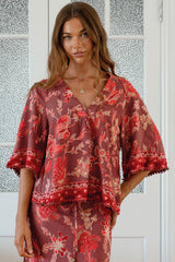 JAASE - Gabriella Top: Mandarin Collar Deep V Neck Crochet Trim Top in Ziggy Print