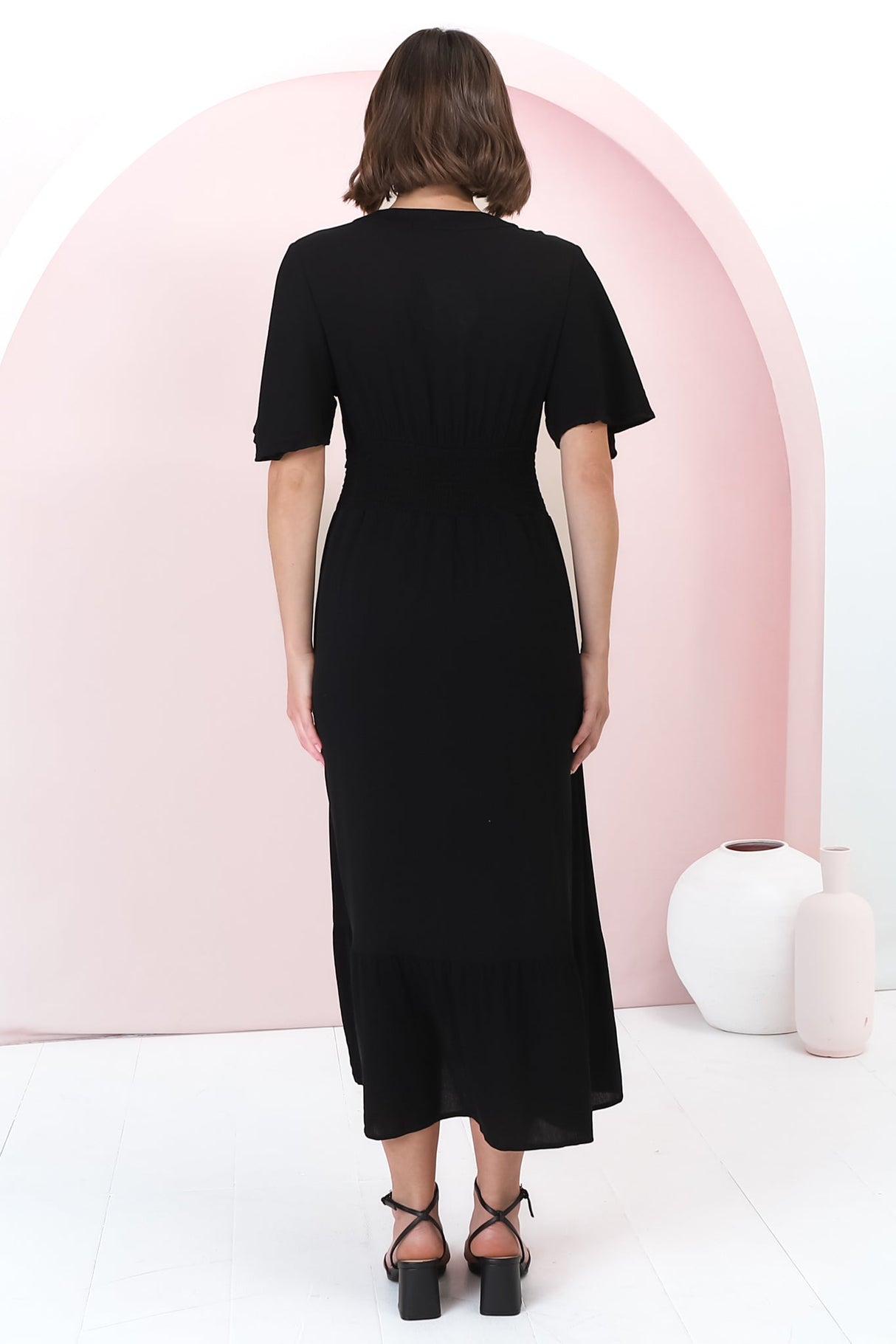 Gaia Midi Dress - Gathered Waist Detailed Dress with Cape Sleeves in Black