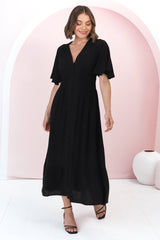 Gaia Midi Dress - Gathered Waist Detailed Dress with Cape Sleeves in Black