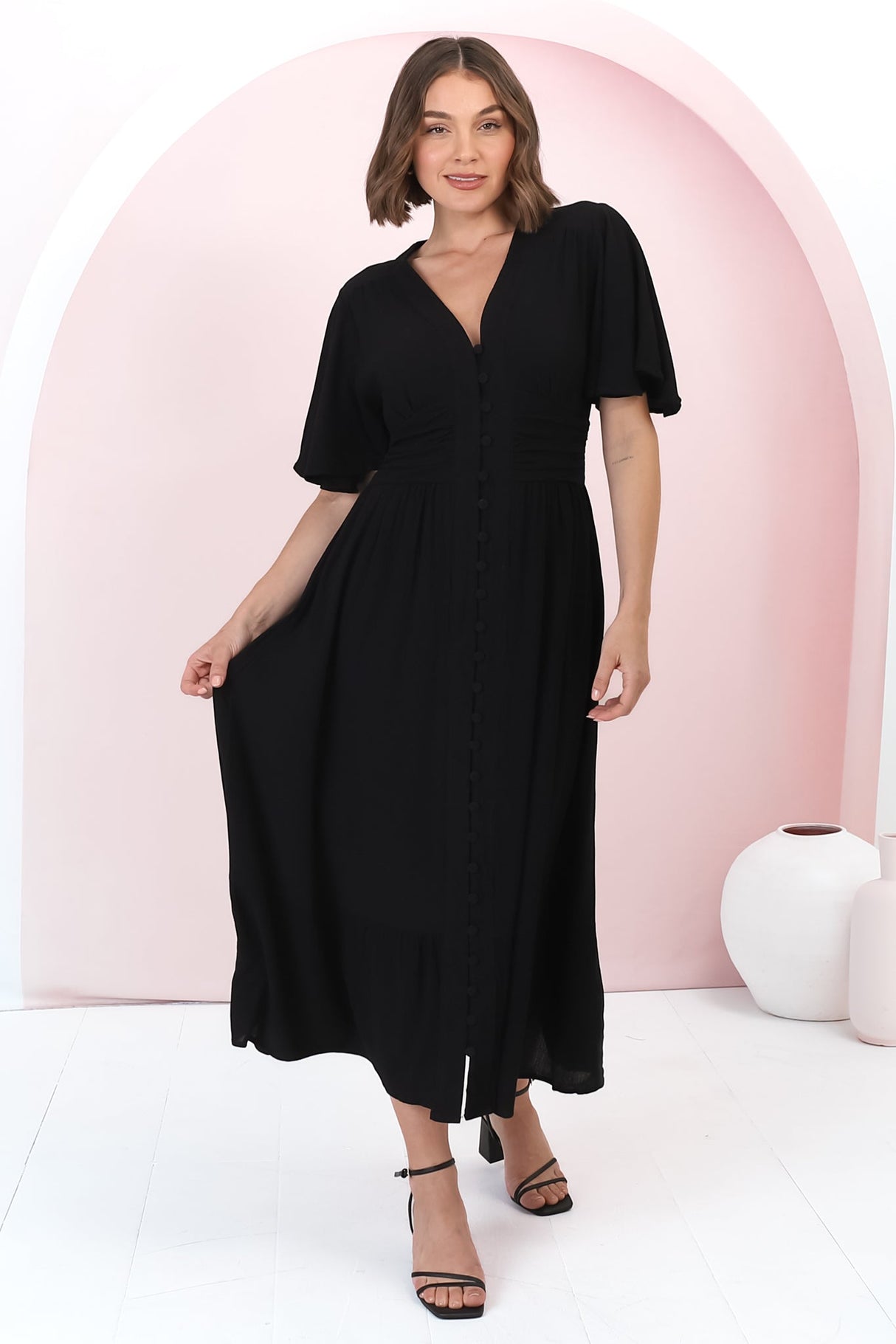 Gaia Midi Dress - Gathered Waist Detailed Dress with Cape Sleeves in Black