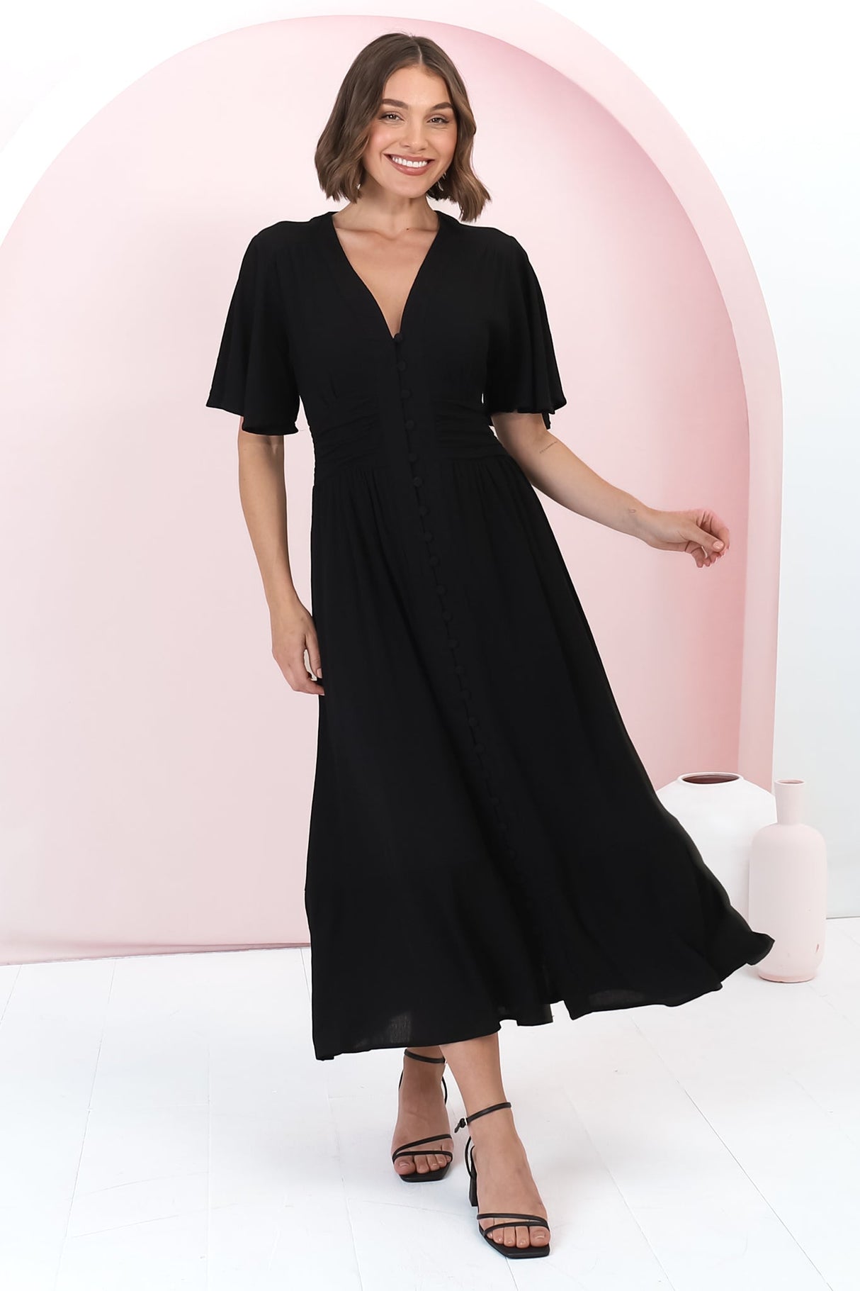 Gaia Midi Dress - Gathered Waist Detailed Dress with Cape Sleeves in Black