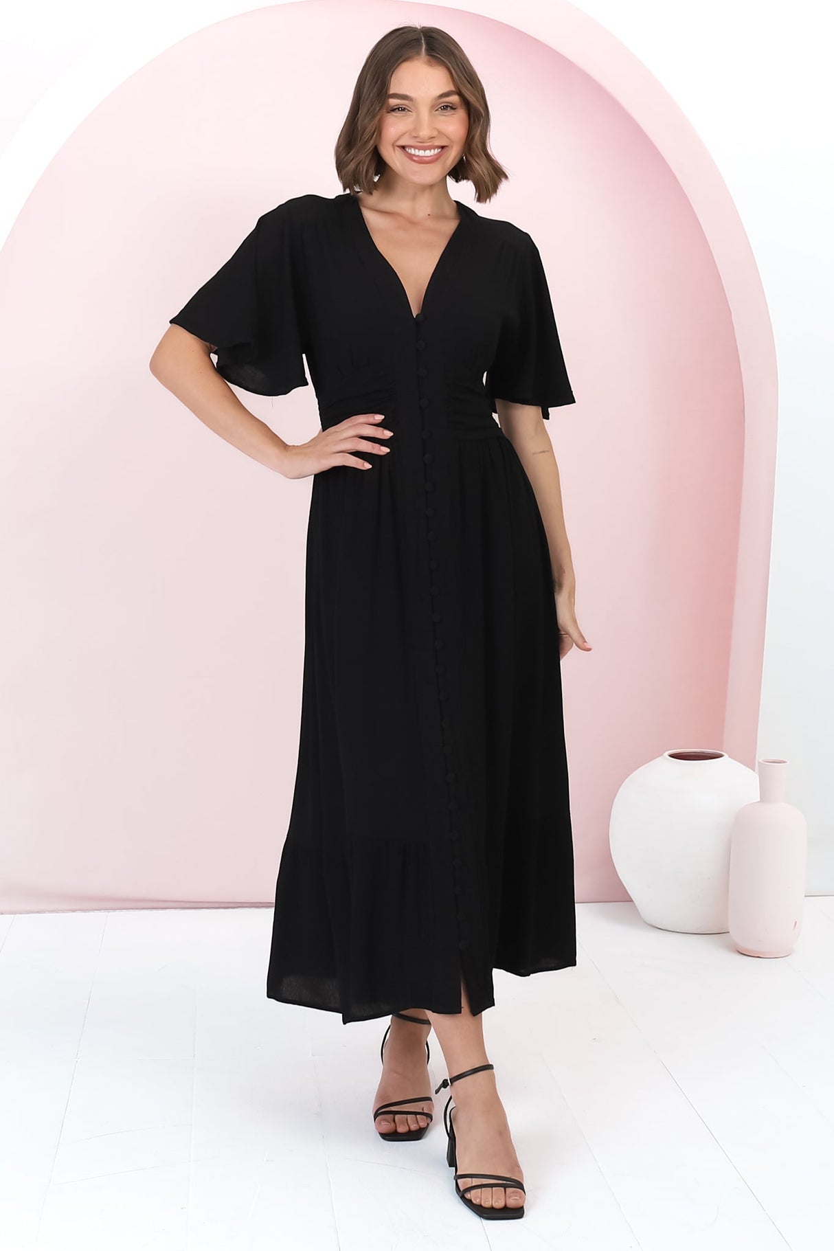 Gaia Midi Dress - Gathered Waist Detailed Dress with Cape Sleeves in Black