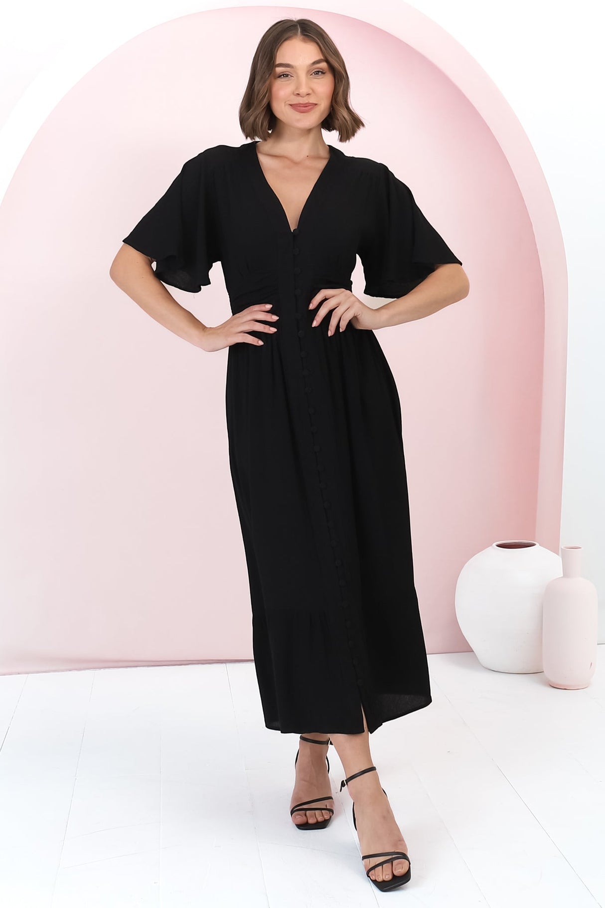 Gaia Midi Dress - Gathered Waist Detailed Dress with Cape Sleeves in Black