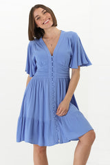 Gaia Mini Dress - Gathered Waist Detail Dress with Cape Sleeves in Blue