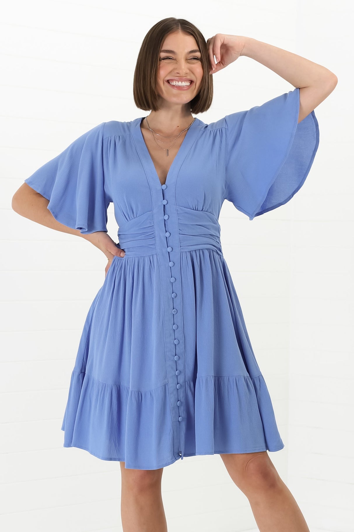 Gaia Mini Dress - Gathered Waist Detailed Dress wih Cape Sleeves in Blue