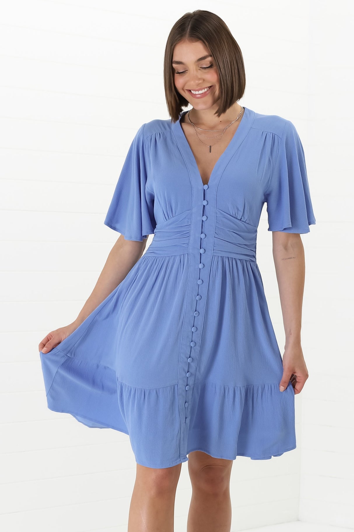 Gaia Mini Dress - Gathered Waist Detail Dress with Cape Sleeves in Blue