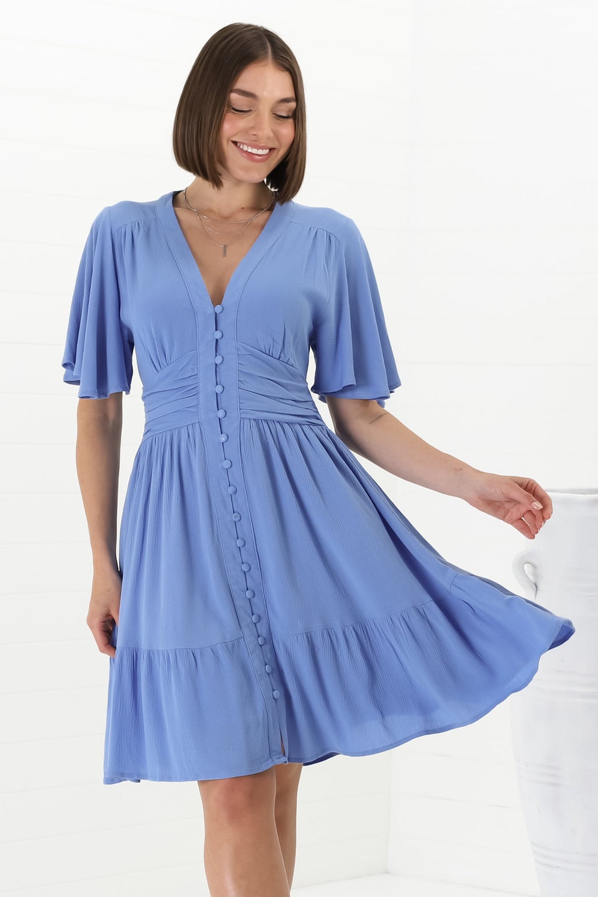 Gaia Mini Dress - Gathered Waist Detail Dress with Cape Sleeves in Blue