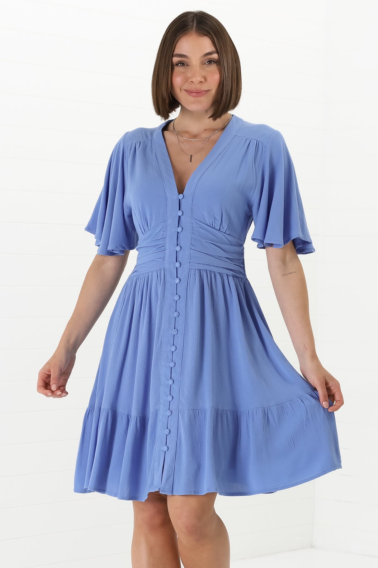 Gaia Mini Dress - Gathered Waist Detailed Dress wih Cape Sleeves in Blue