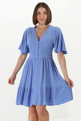 Gaia Mini Dress - Gathered Waist Detail Dress with Cape Sleeves in Blue