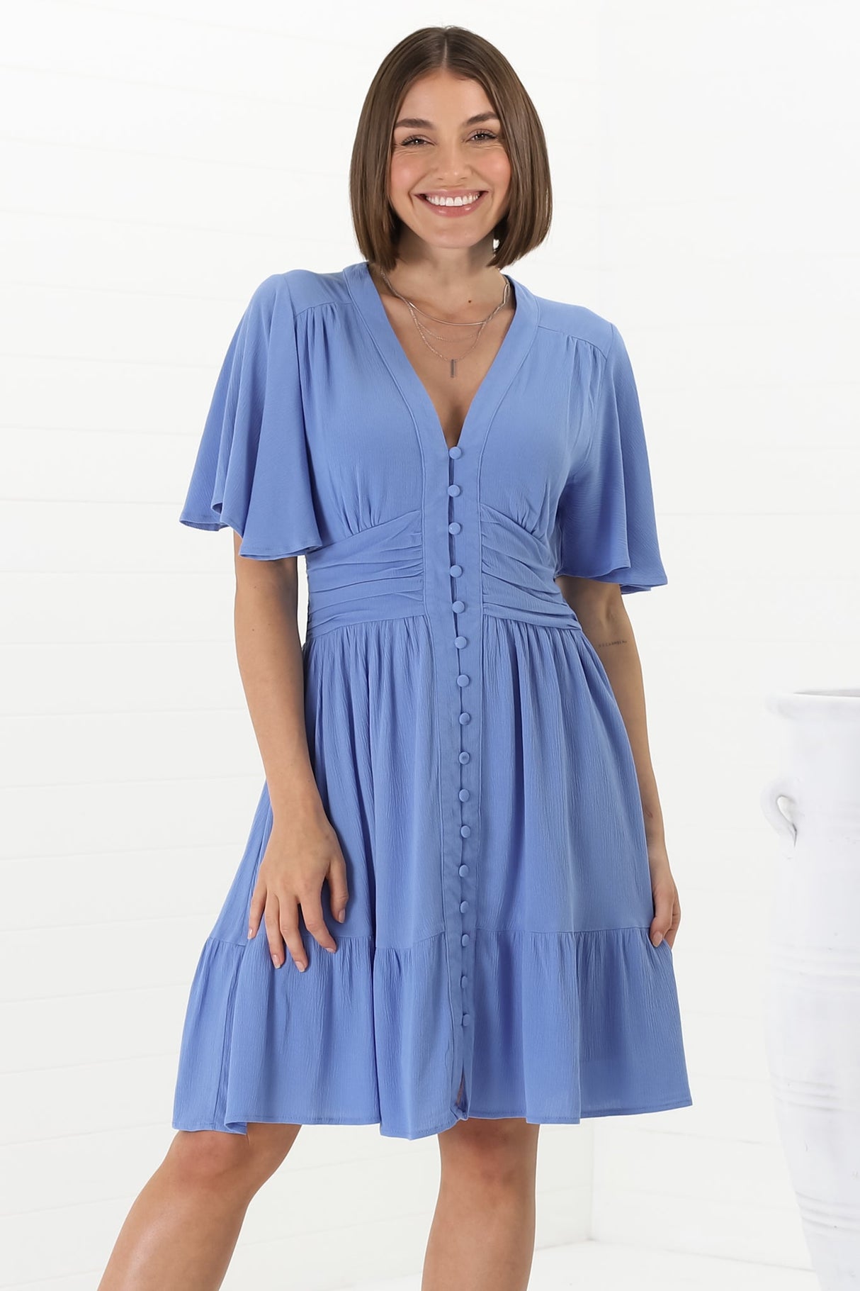 Gaia Mini Dress - Gathered Waist Detail Dress with Cape Sleeves in Blue