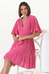 Gaia Mini Dress - Gathered Waist Detailed Dress wih Cape Sleeves in Hot Pink