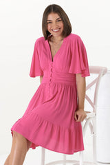 Gaia Mini Dress - Gathered Waist Detailed Dress wih Cape Sleeves in Hot Pink