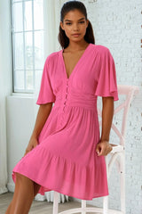 Gaia Mini Dress - Gathered Waist Detail Dress with Cape Sleeves in Hot Pink