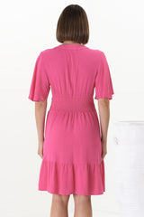 Gaia Mini Dress - Gathered Waist Detailed Dress wih Cape Sleeves in Hot Pink