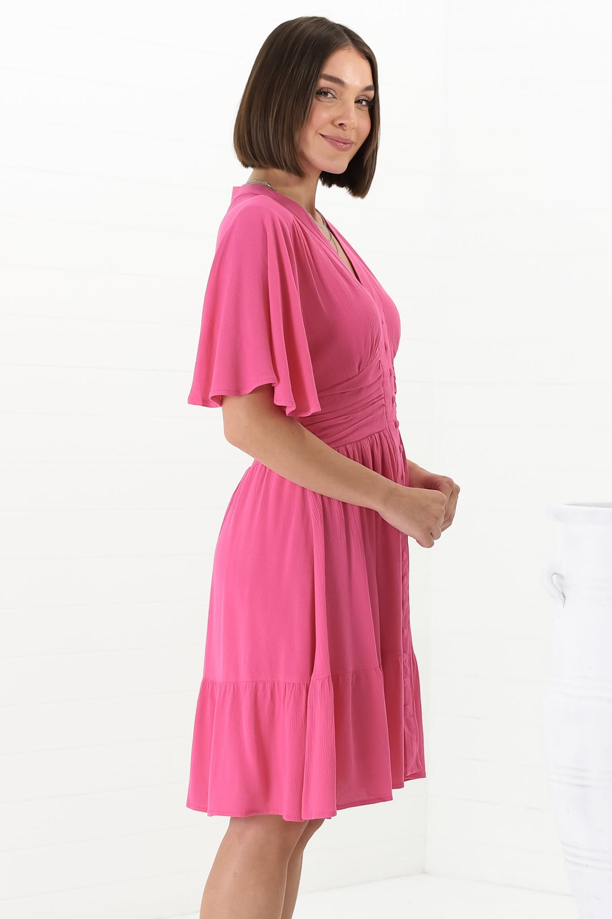 Gaia Mini Dress - Gathered Waist Detailed Dress wih Cape Sleeves in Hot Pink