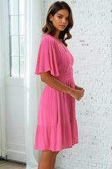 Gaia Mini Dress - Gathered Waist Detail Dress with Cape Sleeves in Hot Pink