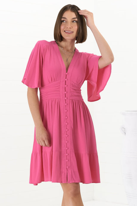 Gaia Mini Dress - Gathered Waist Detailed Dress wih Cape Sleeves in Hot Pink