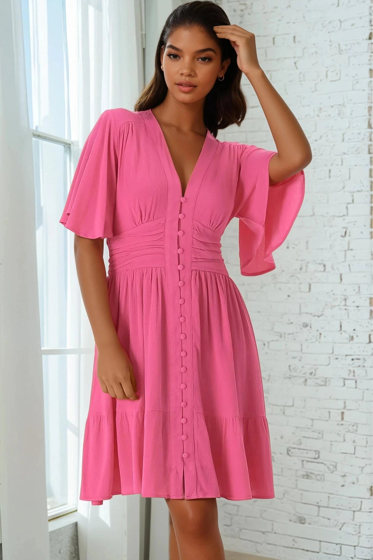 Gaia Mini Dress - Gathered Waist Detail Dress with Cape Sleeves in Hot Pink