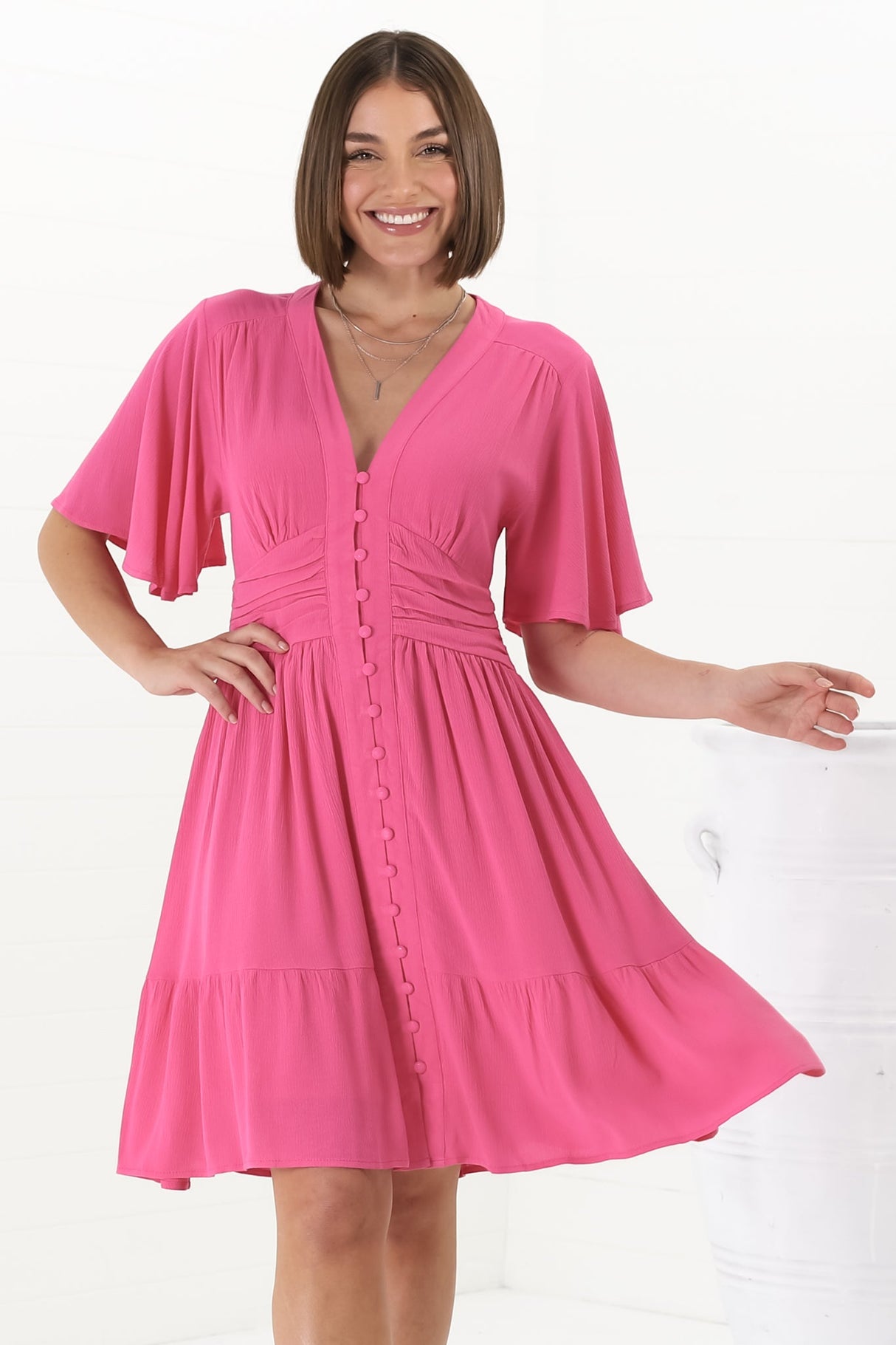 Gaia Mini Dress - Gathered Waist Detailed Dress wih Cape Sleeves in Hot Pink