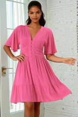 Gaia Mini Dress - Gathered Waist Detail Dress with Cape Sleeves in Hot Pink