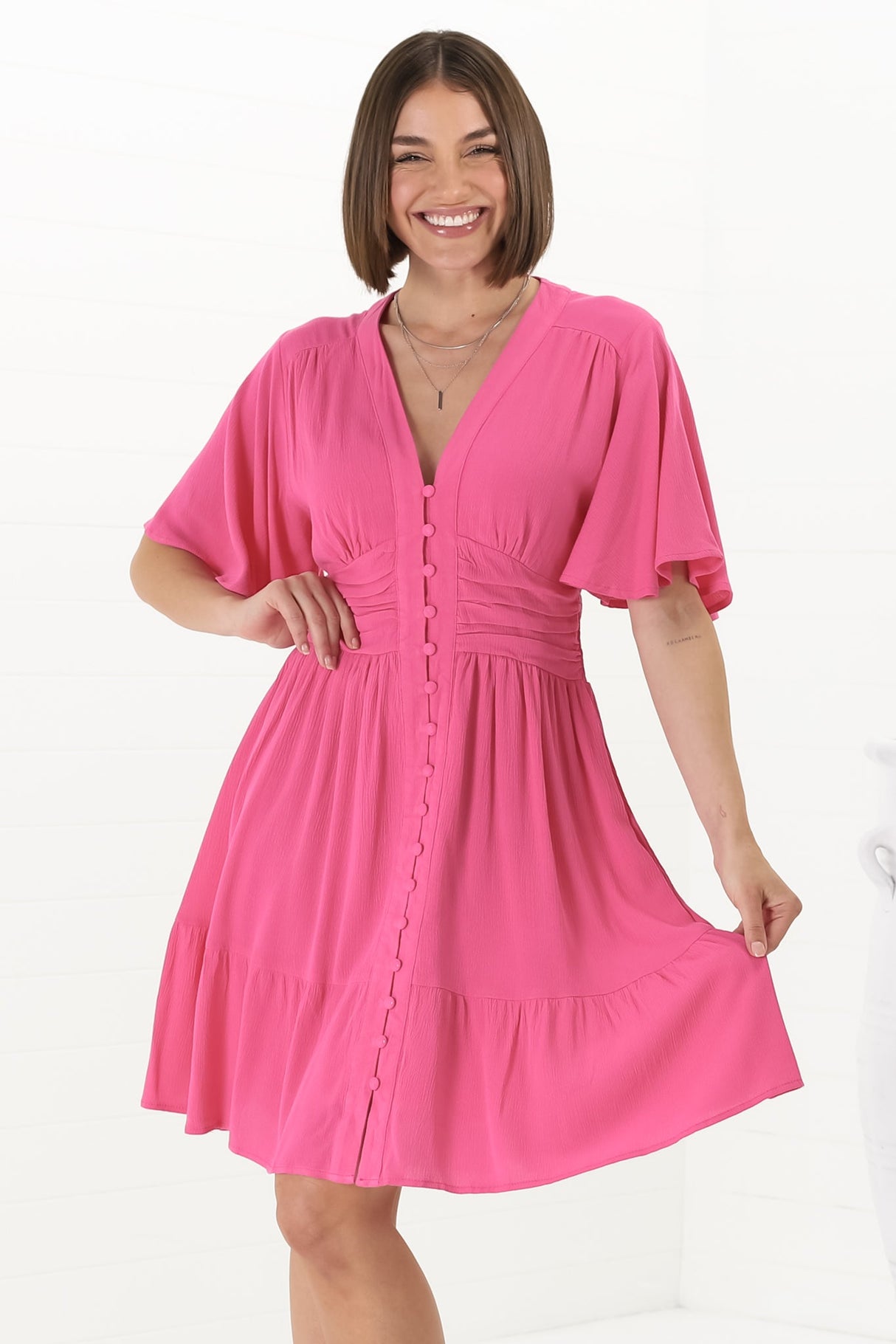 Gaia Mini Dress - Gathered Waist Detailed Dress wih Cape Sleeves in Hot Pink