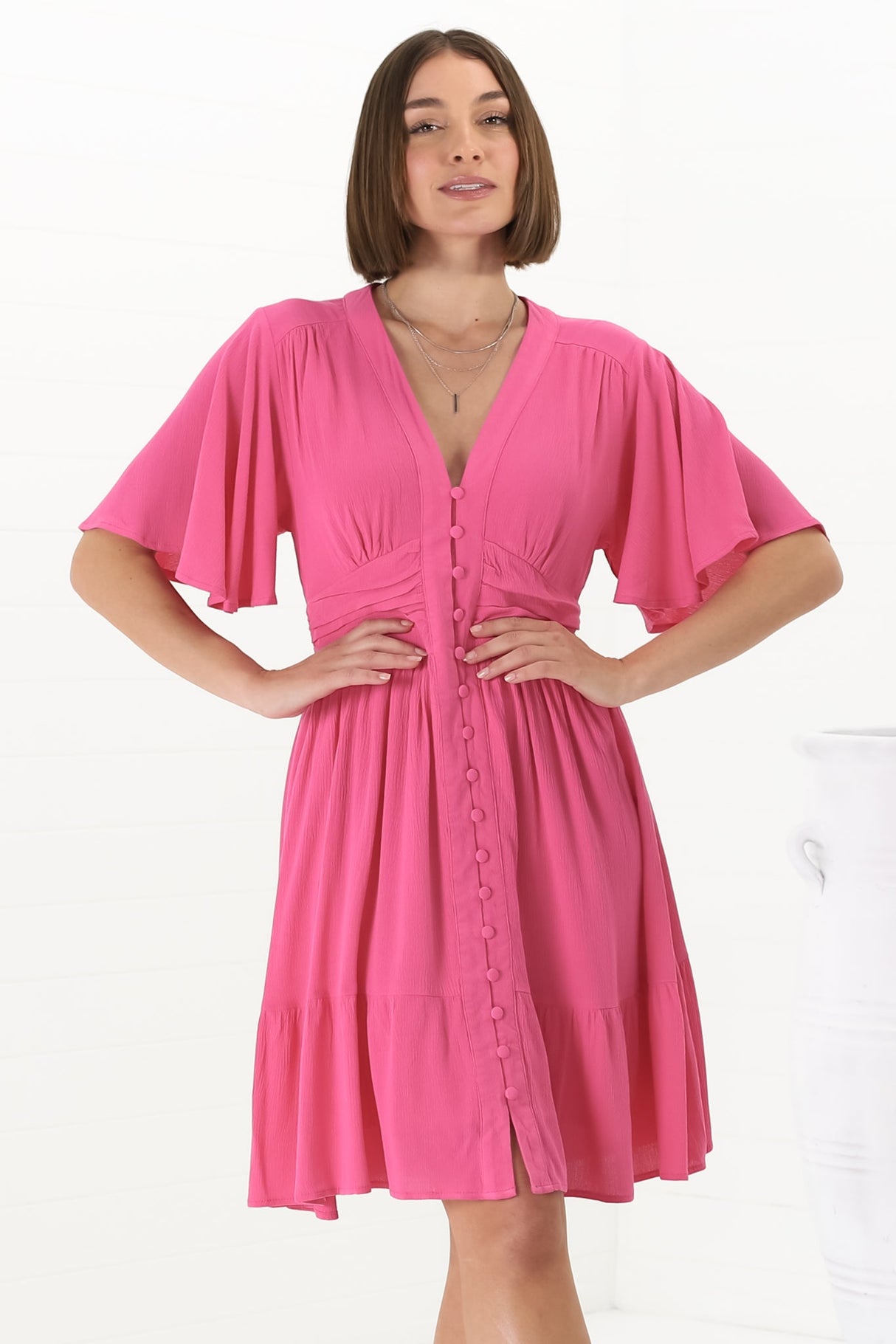 Gaia Mini Dress - Gathered Waist Detailed Dress wih Cape Sleeves in Hot Pink