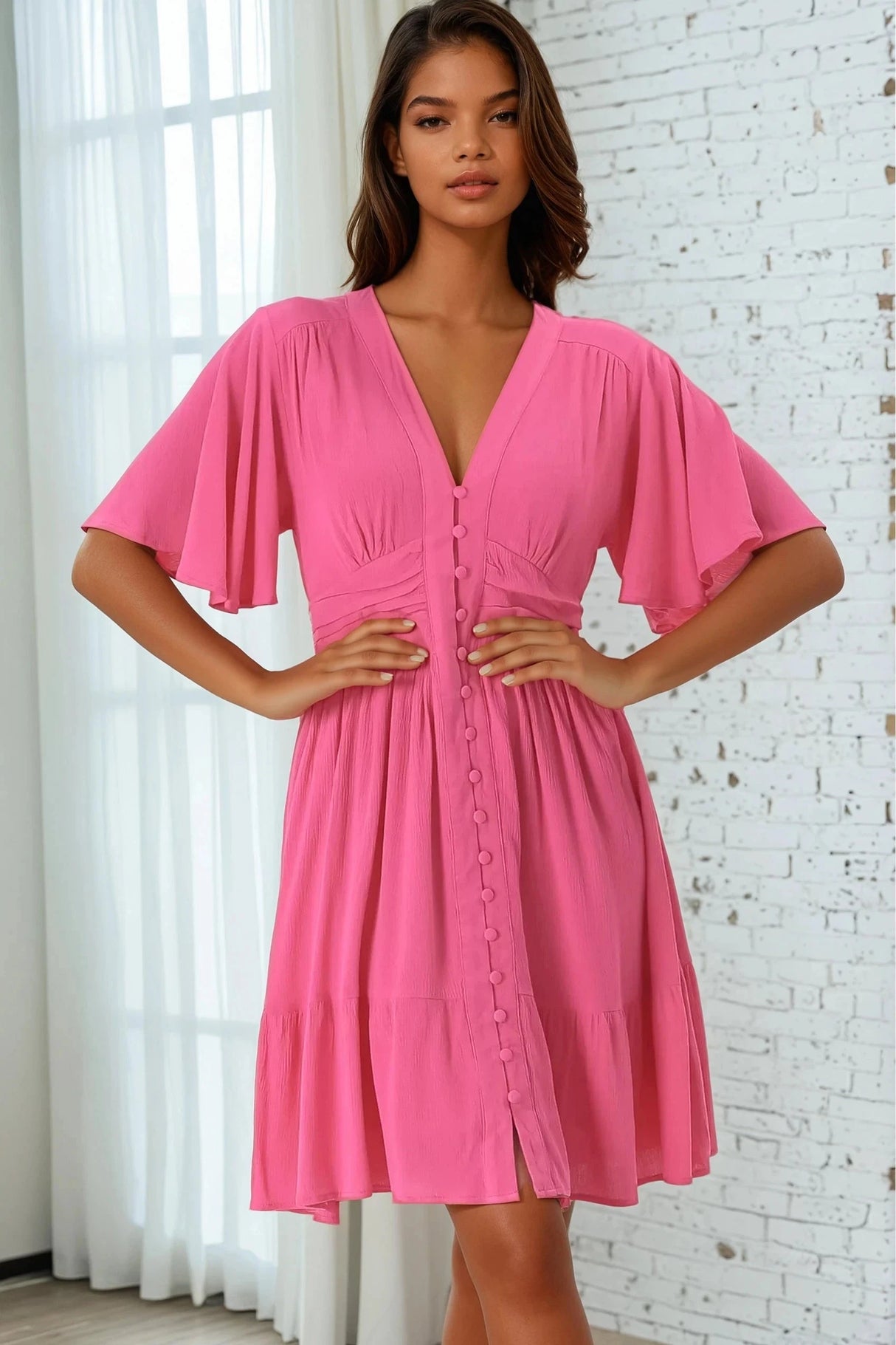 Gaia Mini Dress - Gathered Waist Detail Dress with Cape Sleeves in Hot Pink