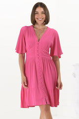 Gaia Mini Dress - Gathered Waist Detailed Dress wih Cape Sleeves in Hot Pink