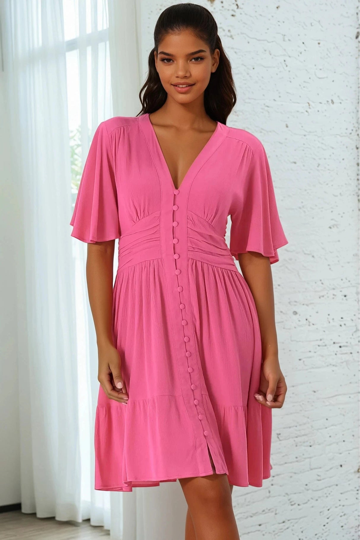 Gaia Mini Dress - Gathered Waist Detail Dress with Cape Sleeves in Hot Pink