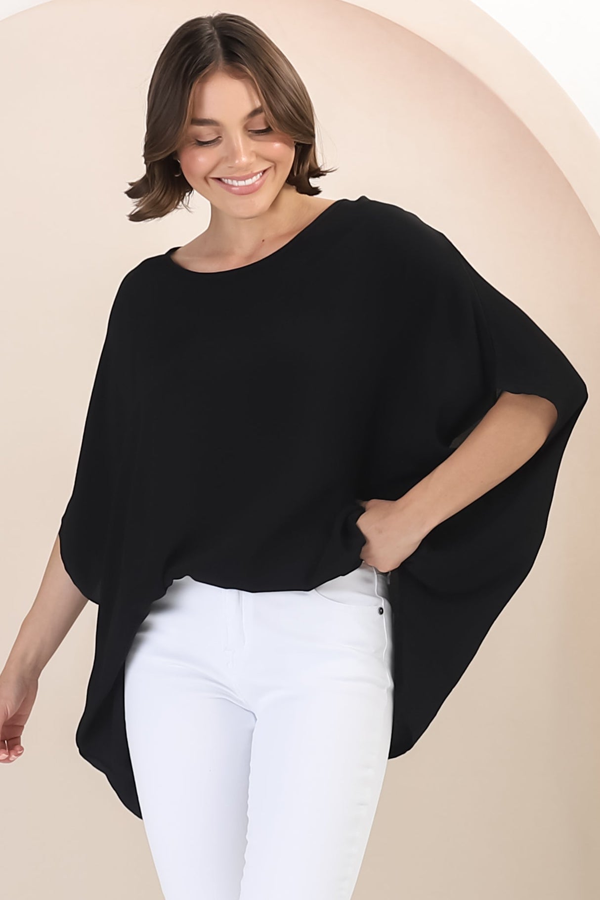 Garcia Top - Free-Size Drape Batwing Sleeve Top in Black