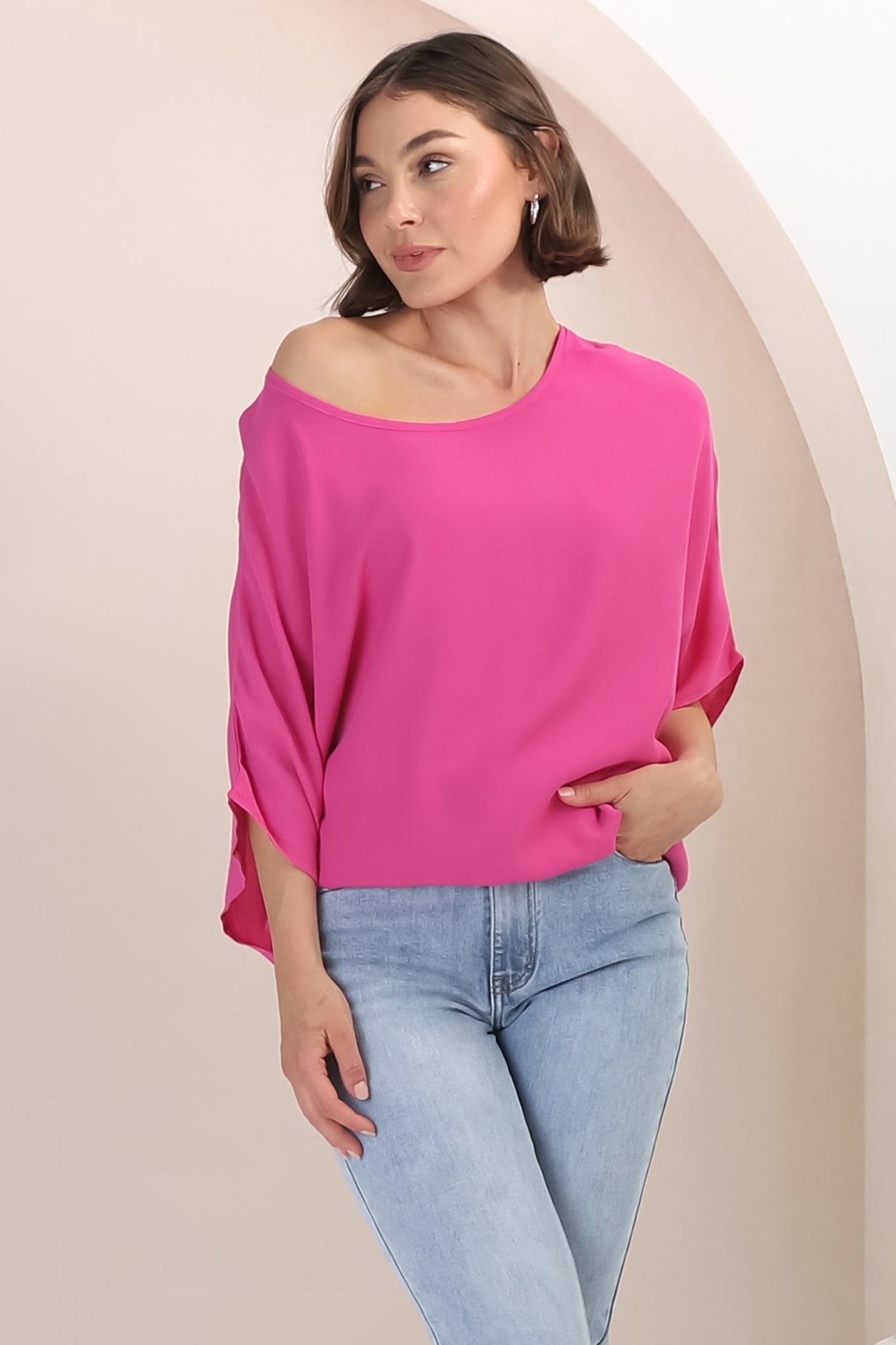 Garcia Top - Free-Size Drape Batwing Sleeve Top in Fuschia