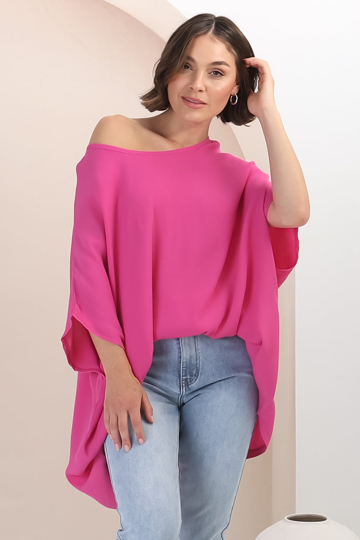 Garcia Top - Free-Size Drape Batwing Sleeve Top in Fuschia