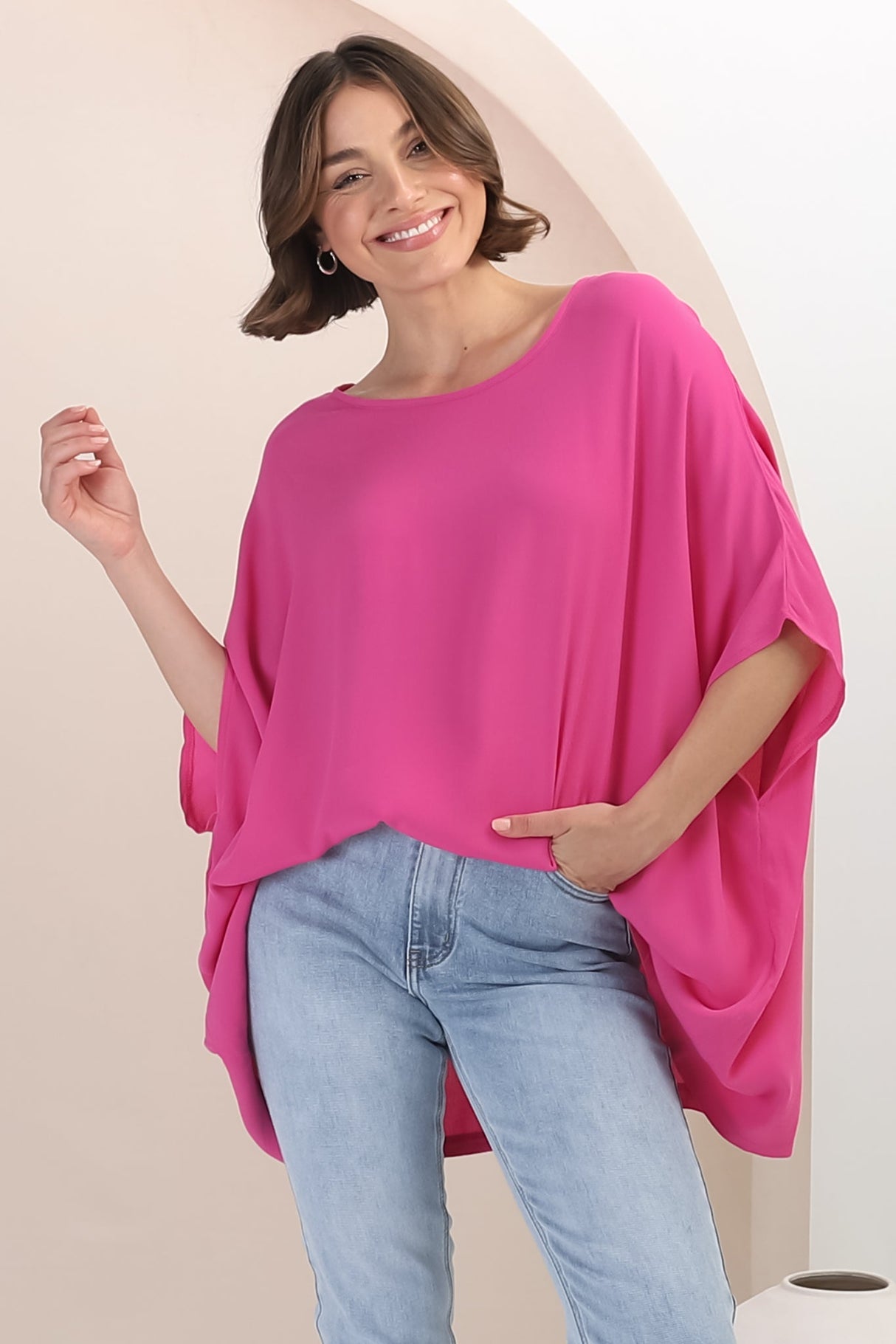 Garcia Top - Free-Size Drape Batwing Sleeve Top in Fuschia