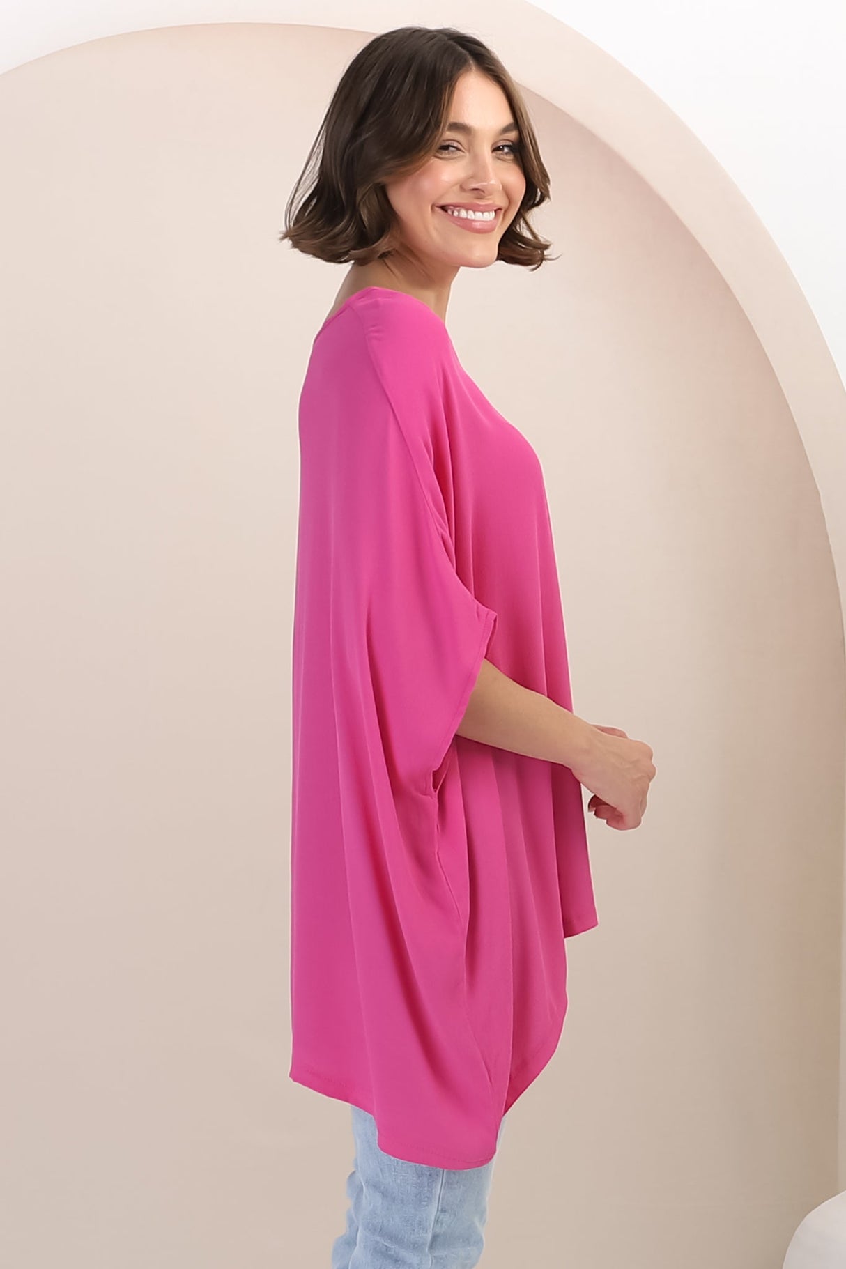 Garcia Top - Free-Size Drape Batwing Sleeve Top in Fuschia