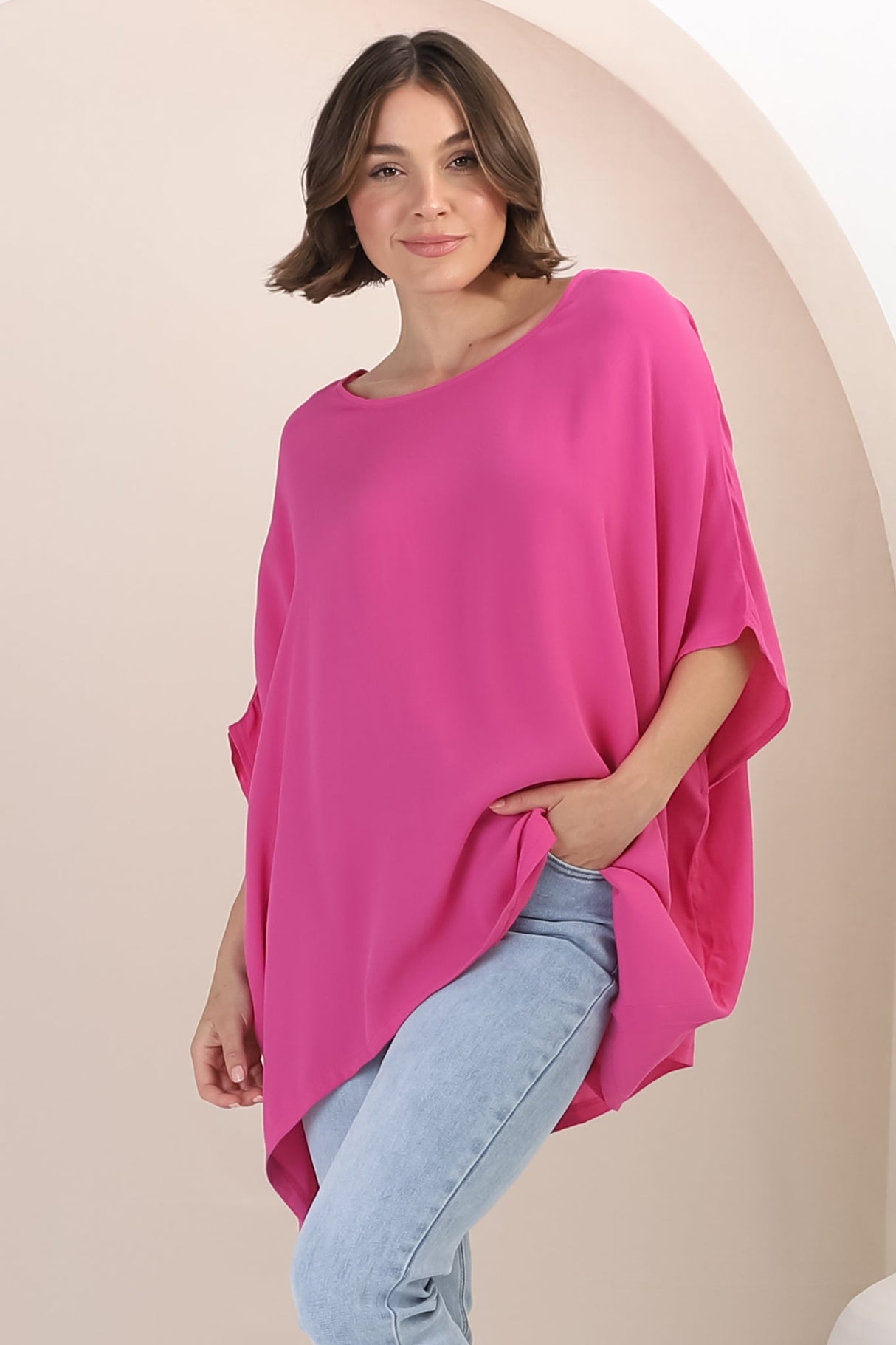 Garcia Top - Free-Size Drape Batwing Sleeve Top in Fuschia