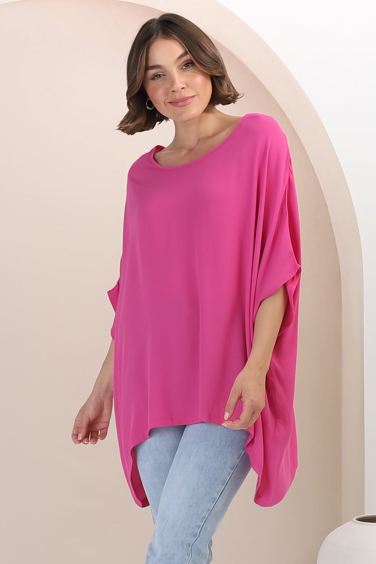 Garcia Top - Free-Size Drape Batwing Sleeve Top in Fuschia