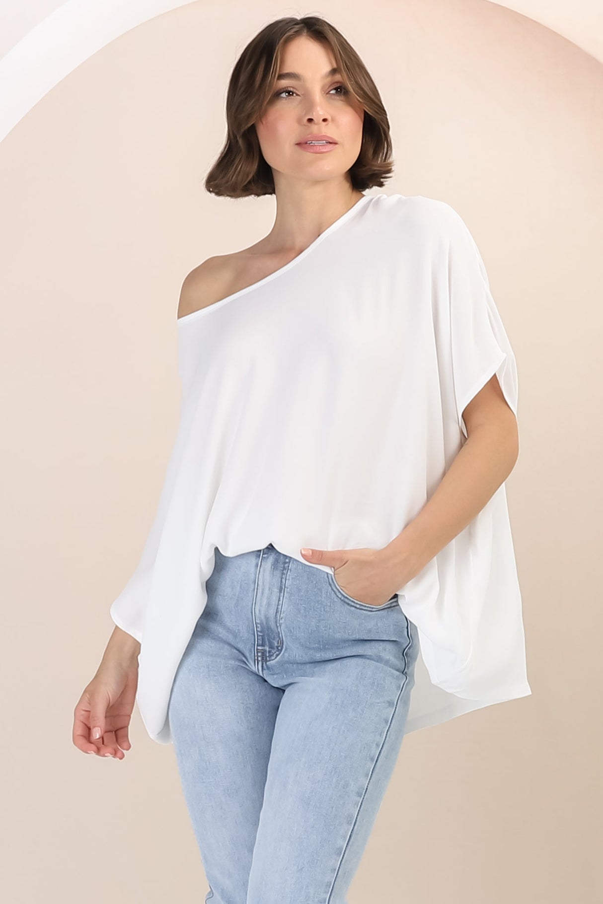 Garcia Top - Free-Size Drape Batwing Sleeve Top in White