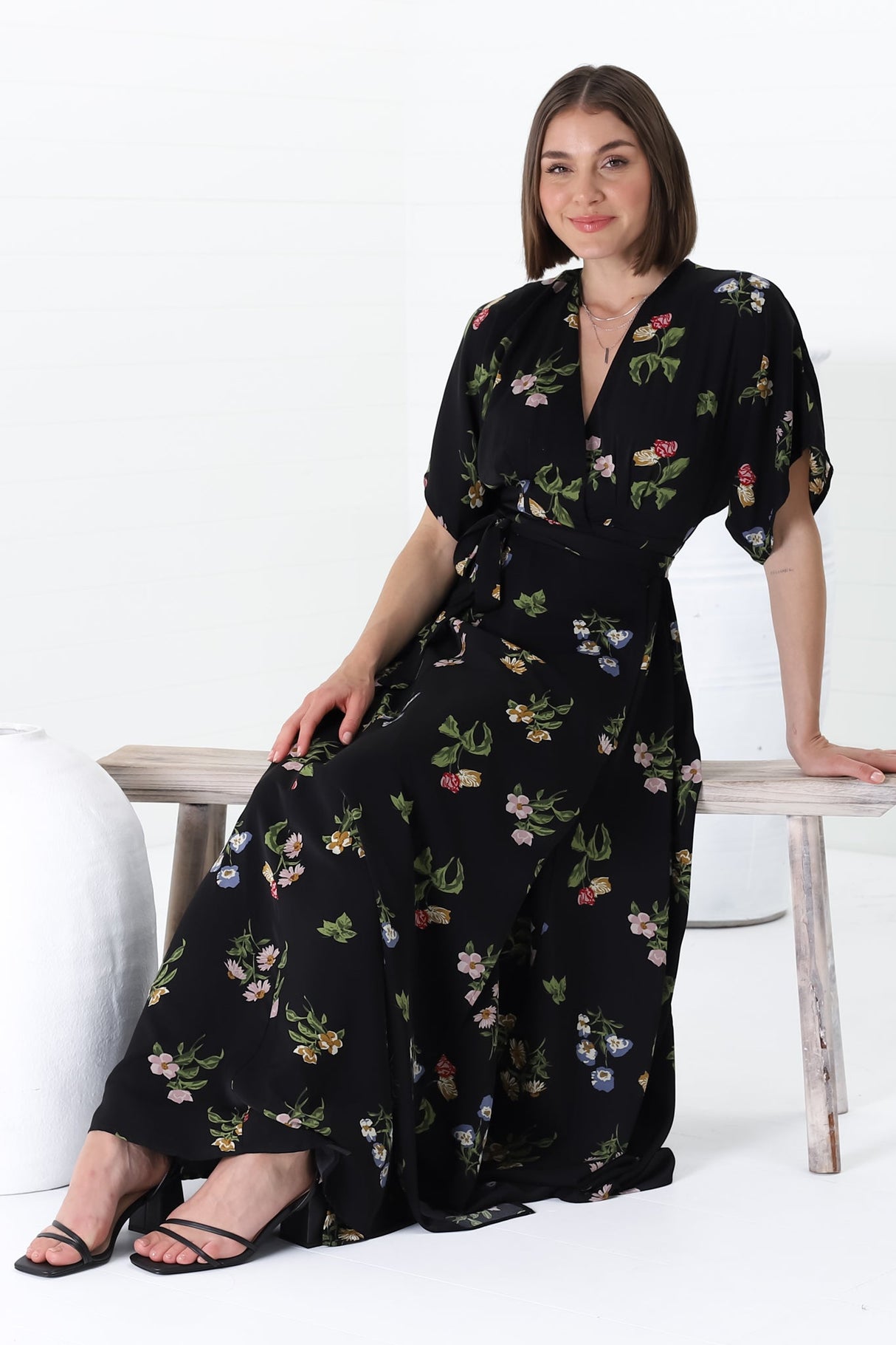 Gehry Maxi Dress - V Neck Short Sleeve Wrap Dress in Julianne Print