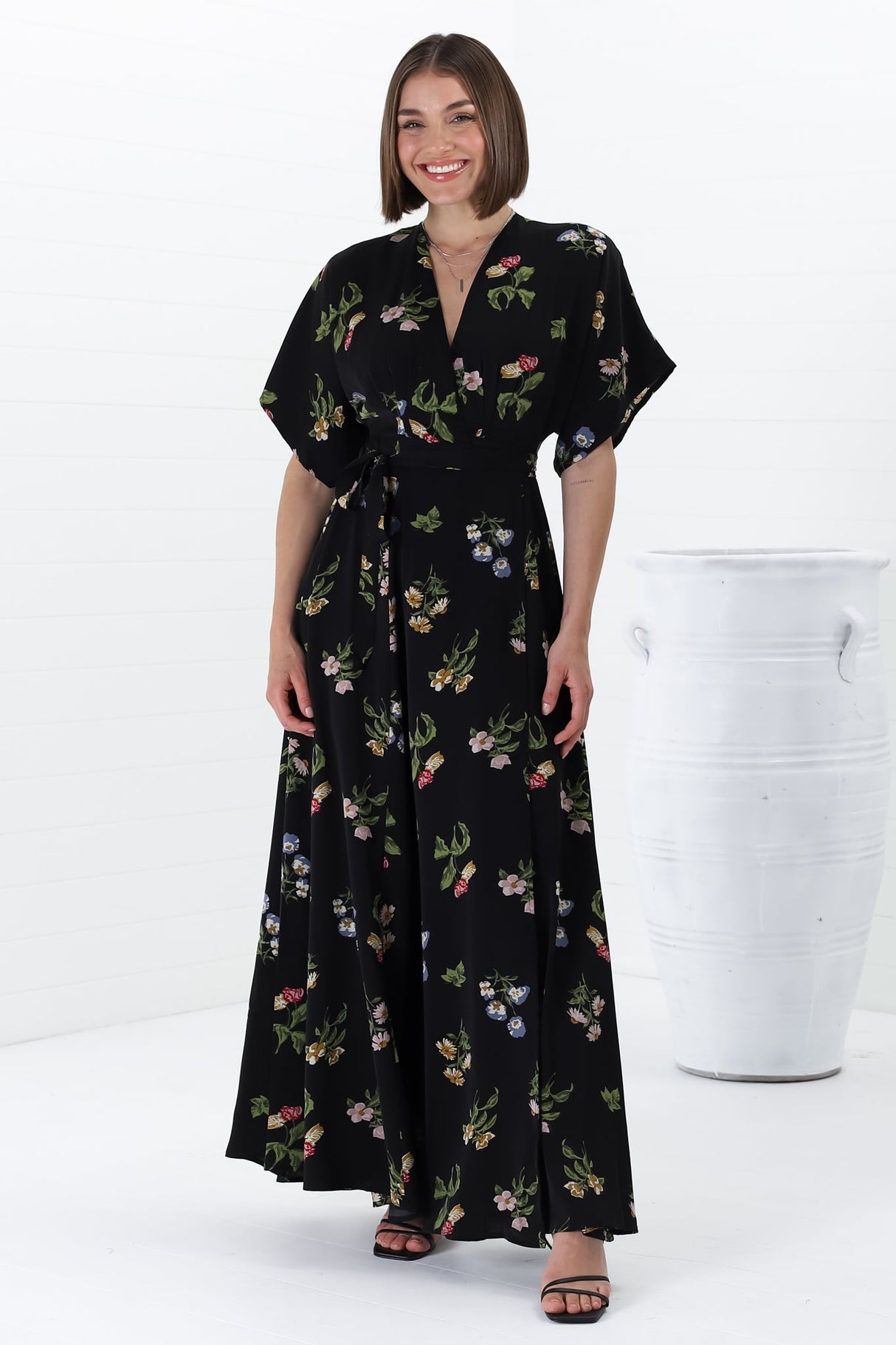 Gehry Maxi Dress - V Neck Short Sleeve Wrap Dress in Julianne Print