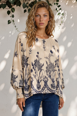 Model wearing Gelina Top in Gerry Print Beige from Salty Crush